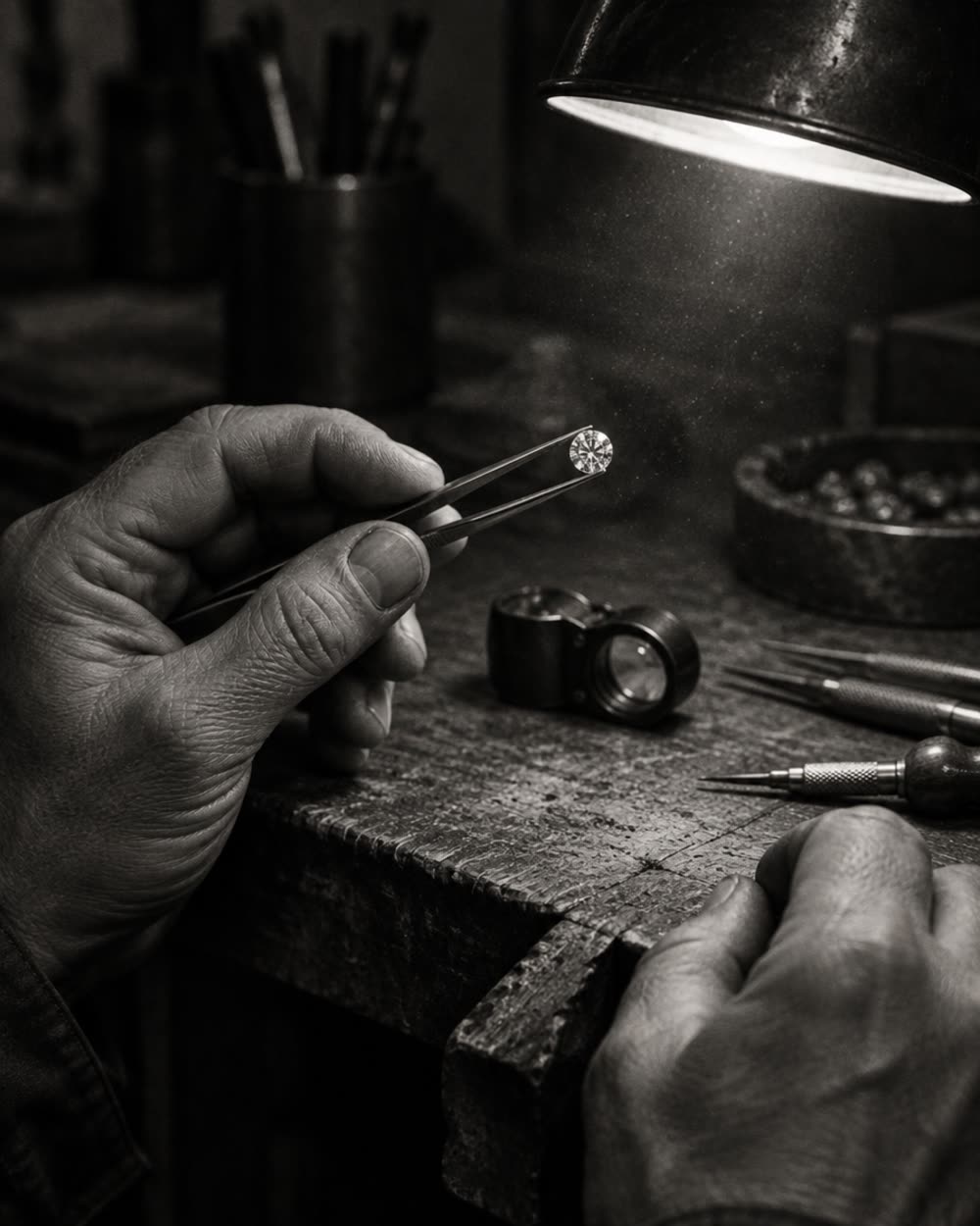 A jeweller's hands holding a loose diamond in tweezers at a workbench