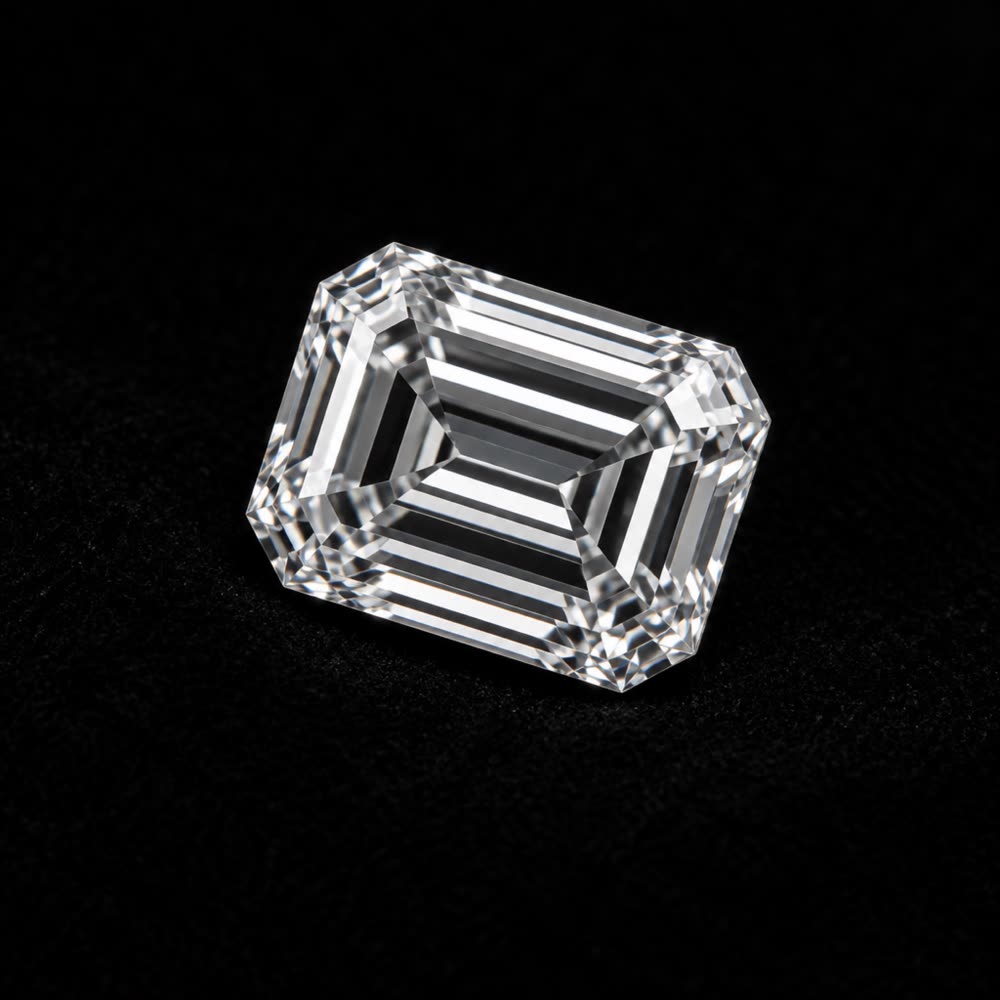 An emerald-cut diamond on black velvet