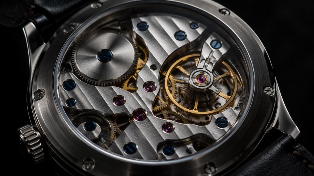 A mechanical watch movement seen through a sapphire caseback