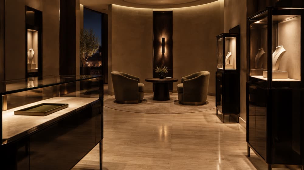 A softly lit private salon with black vitrines and two armchairs